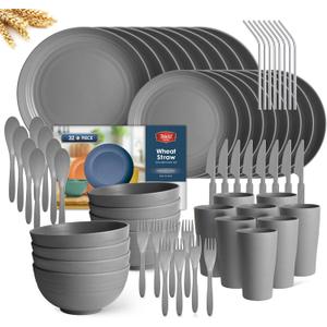 Teivio 32-Piece With Flatware Kitchen Plastic Wheat Straw Dinnerware Sets, Service for 8, Dinner Plates, Dessert Plate, Cereal Bowls, Cups, Unbreakable Plastic Outdoor Camping Dishes, Grey (Deep Gray)