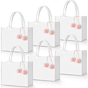 Paterr 6 Pack Personalized Wedding Canvas Tote Bags for Women with Pom Poms DIY Blank Bridesmaid Bag Gifts with Handles (White, Light Pink)