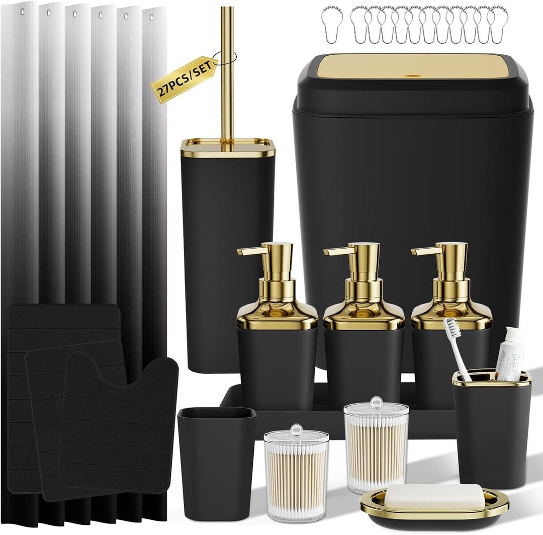 Bathroom Set - 27PC Bathroom Sets with Shower Curtain and Rugs, Black Bathroom Set, Black Bathroom Accessories Set with Push-lid Trash Can, Toilet Brush & Soap Dispensers