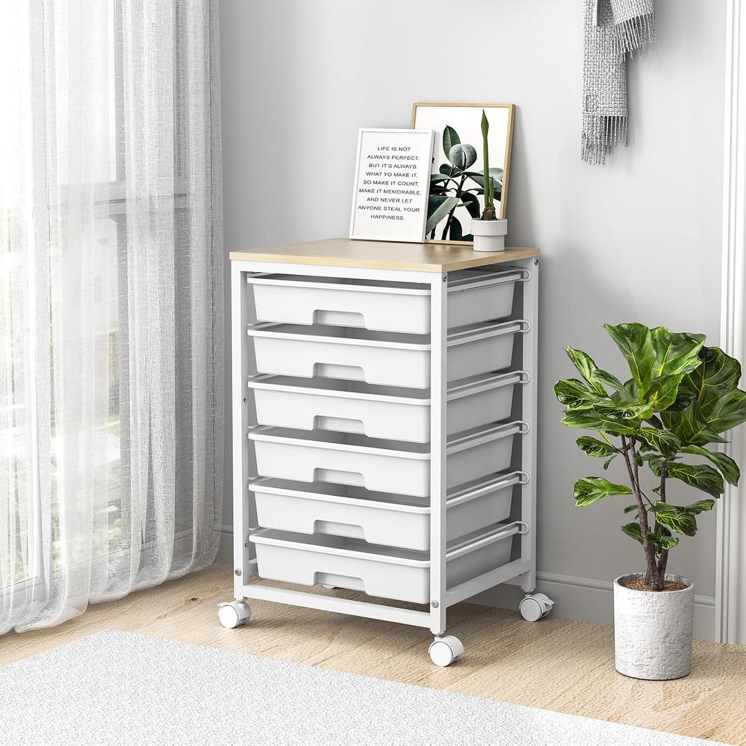 Rolling Cart with Drawers,Utility Cart with 6 Drawers,Rolling Storage Cart with Drawers and Wooden Tabletop & Lockable Wheel,White