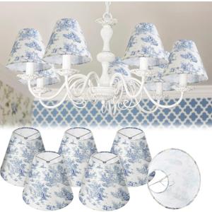 VIHOSE 6 Pcs Chandelier Lamp Shades Small Lamp Shade 3" Top x 6'' Bottom x 5'' Slant French Countryside Toile Clip on Lampshade for Wall Sconces Pendant Lighting(Crane and Human,Blue and White)