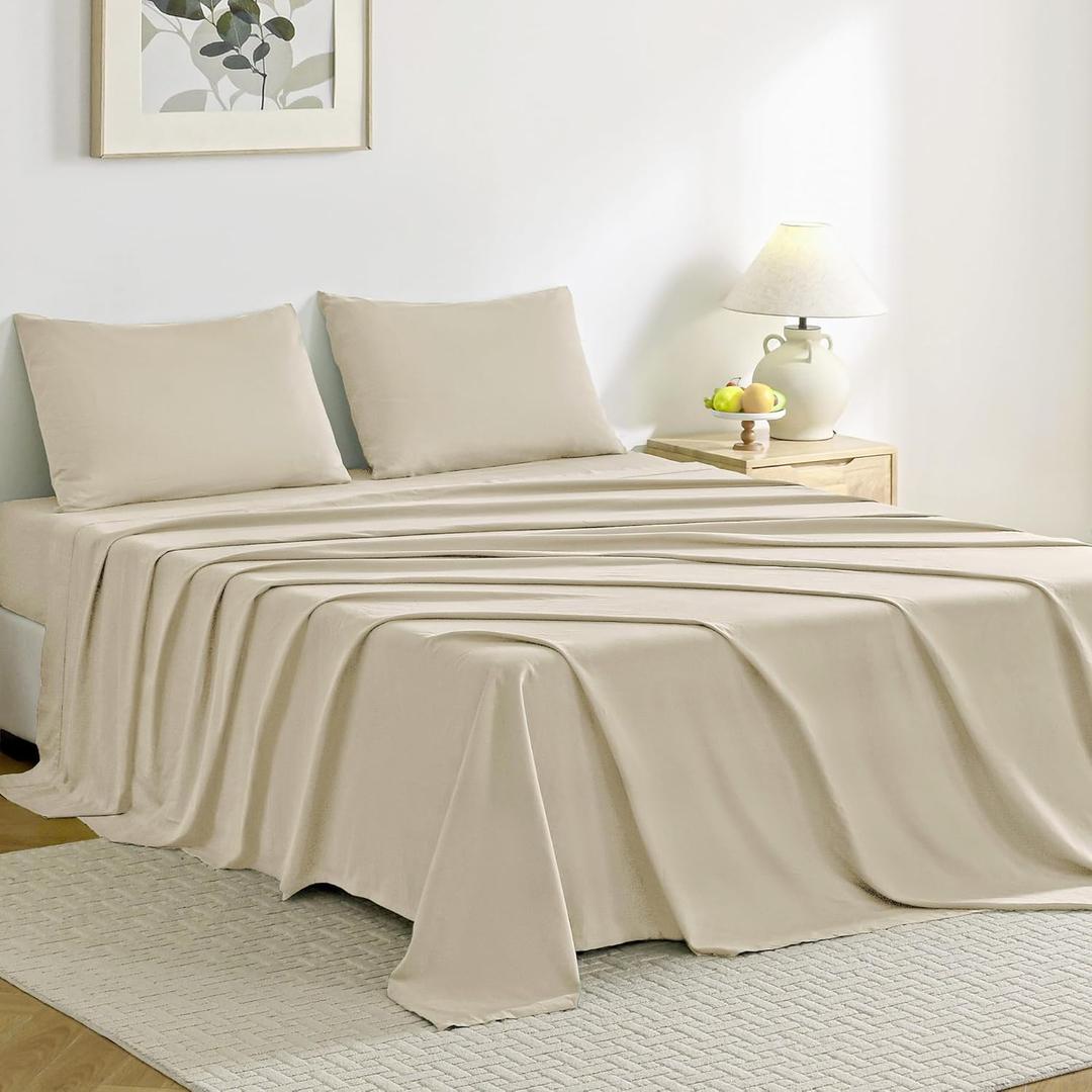 JELLYMONI Sheet Set Queen Size Set of 4 Cotton Cream Grey Easy-Fit 16 Inch Deep Pocket 100% Washed Cotton Soft Breathable (1 Fitted Sheet, 1 Flat Sheet, 2 Pillowcases)
