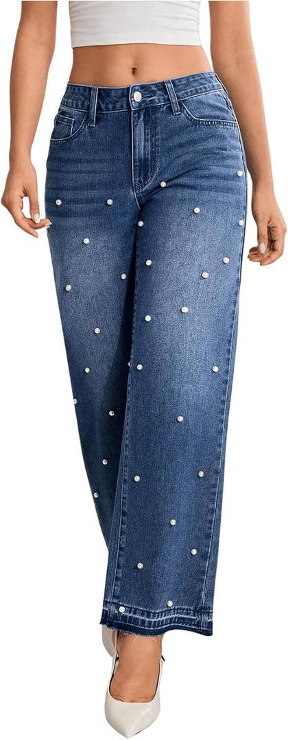 MakeMeChic Women's Pearls Jeans Wide Leg Stretch Straight Y2K Denim Pants Trousers (28, Blue)
