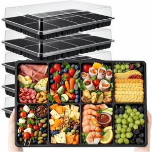 Shellwei 5 Pack 8 Compartments Divided Charcuterie Board with Lid Large 15 x 10 Inch Disposable Catering Serving Trays with Lid Reusable Plastic Serving Platter