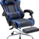 DUMOS Ergonomic Gaming Desk Chair - PU Leather Recliner with Footrest, Lumbar Support, Headrest, Fixed Armrests, Height Adjustable, 360 Swivel, Blue, for Adults (Oversized)