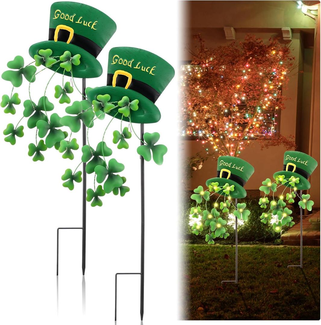 Novabright 2 Pcs 24.4'' St. Patrick's Day Outdoor Decorations Saint Patrick's Garden Stakes with Solar Light Decorative Metal Leprechaun Shamrock Hat Yard Signs for Garden Lawn Porch