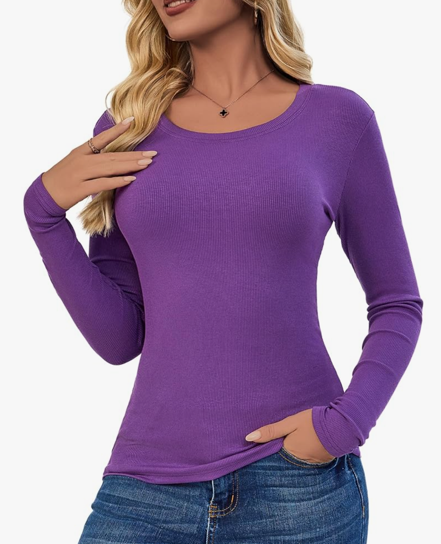 Long Sleeve T-Shirt Women Ribbed Scoop-Neck Shirts for Women Basic Trendy Lightweight Shirts for Women S