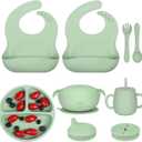 LOKEISNA Silicone Baby Feeding Set 11 Piece, Baby Led Weaning Feeding Supplies, Strong Suction Bowl & Suction Plate, Adjustable Bibs, 4-in-1 Cup, Spoon & Fork, Food-grade Silicone (Green)