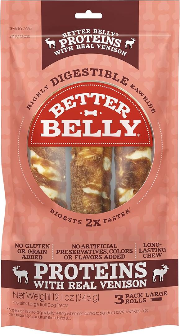Better Belly Proteins with Real Venison Large Rolls 3 Count, Digestible Rawhide for Dogs, 12.1 Ounce (Pack of 1)