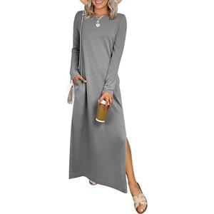 ANRABESS Women Long Sleeve Dresses 2025 Fall Casual Crewneck Loose Fit Split Flowy Wrinkle-Free Travel Vacation Maxi Dress Medium