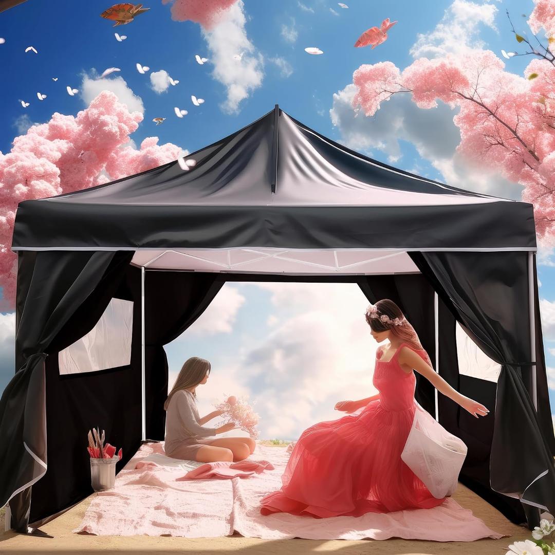 Yoyomax 8'x 8' Pop Up Canopy Instant Folding Gazebo, Outdoor Lightweight Gazebo Shade Tent with Sidewalls and Windows Sun Protection, Ideal for Patio-Backyard-Deck (Black)