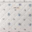 uekeboag Quilted Floral Cotton Makeup Pouch,Coquette Quilted Cosmetic Bag for Women and Girls, Aesthetic Organizer Bag, Flower Cute Travel Toiletry Bags(08Blue Flower)