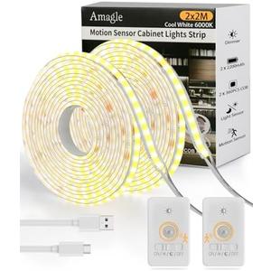 Rechargeable Under Cabinet Lighting Wireless Battery Operated, 2 Pack 6.56FT 2200mAh COB LED Light Strips Motion Sensor Under Counter Lights for Kitchen, Battery Powered Closet Shelf Hallway Led Light