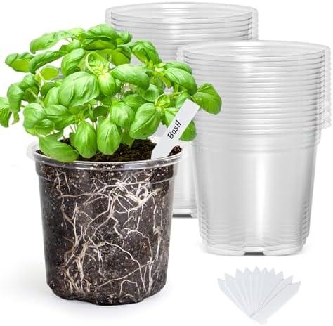 Bonviee 30-Pack 5-Inch Clear Nursery Pots for Plants, Plastic Seedling Pots with Drainage Holes, and 10 Plant Labels, Ideal for Seed Starters and Flowers -Clear
