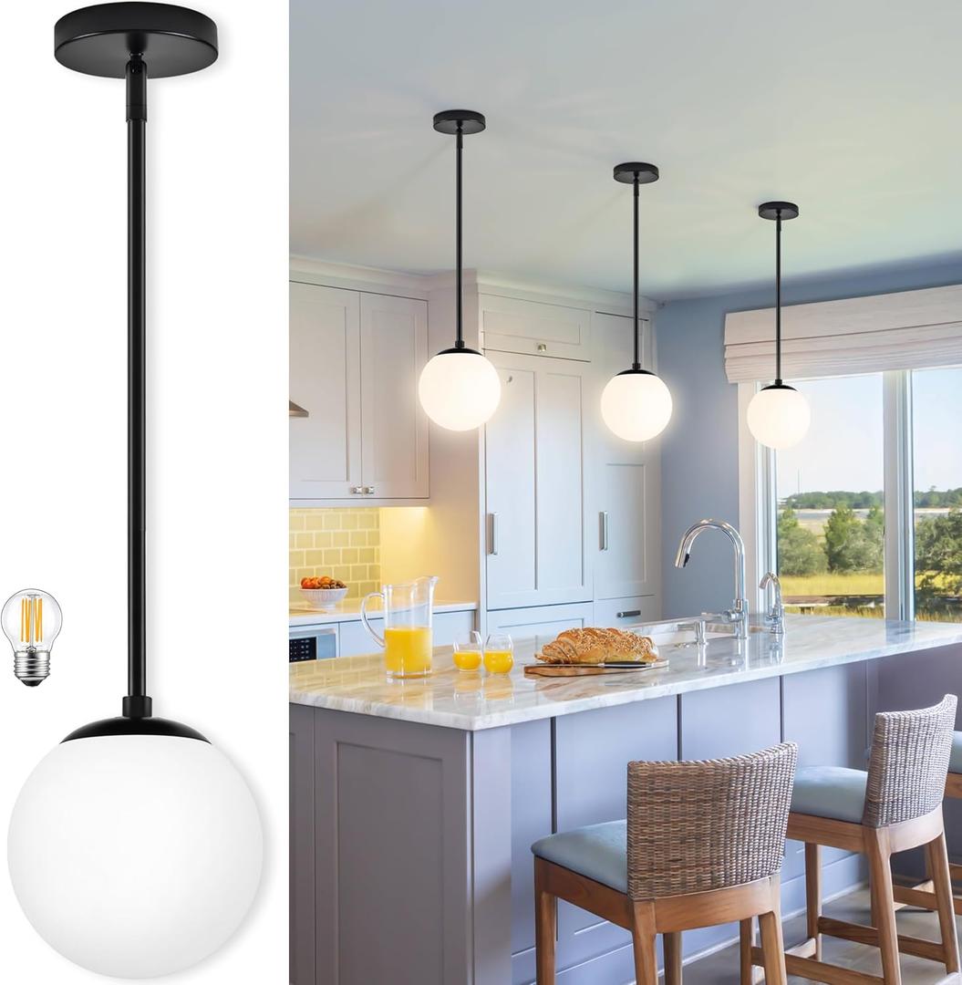 Bagood 6 Inch Globe Pendant Light Black Mid Century Modern Globe Light Fixture Mid Century Milk Glass Pendant Lamp Matte Black Finished with Milk Glass Lampshade for Kitchen Island