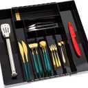 IEEK Kitchen Drawer Organizer for Cutlery and Utensils,Adjustable Silverware Drawer Organizer Tray,Kitchen Storage Divider for Spatula Tools,Gadgets,Forks,Knives,Spoons and Chopsticks,Black-L