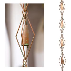 8-1/2 Feet Diamond & Bell Rain Chain for Outsides, Rain Catch Chains for Gutters Downspouts, Copper Patina Finish Iron