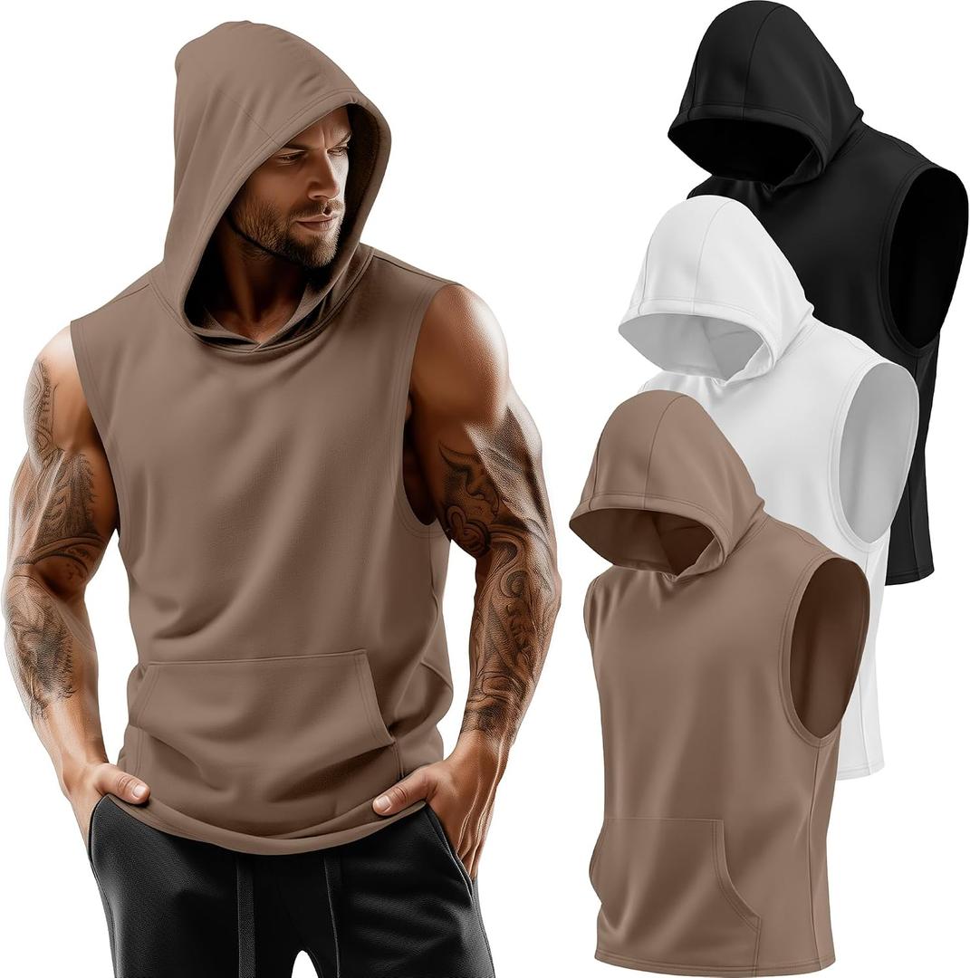 3 Pack Men's Workout Hooded Tank Tops Sleeveless Gym Hoodies Muscle Bodybuilding Cut Off Shirts (XXL)