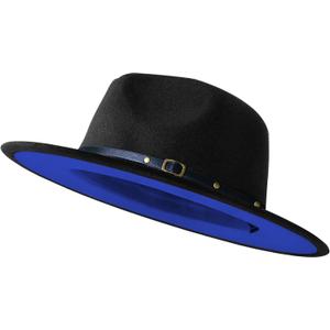 Wide Brim Fedora Hats for Women Men Two Tone Dress Hat Felt Panama Hat in Two Audlt Size (Large-X-Large, Black&blue)