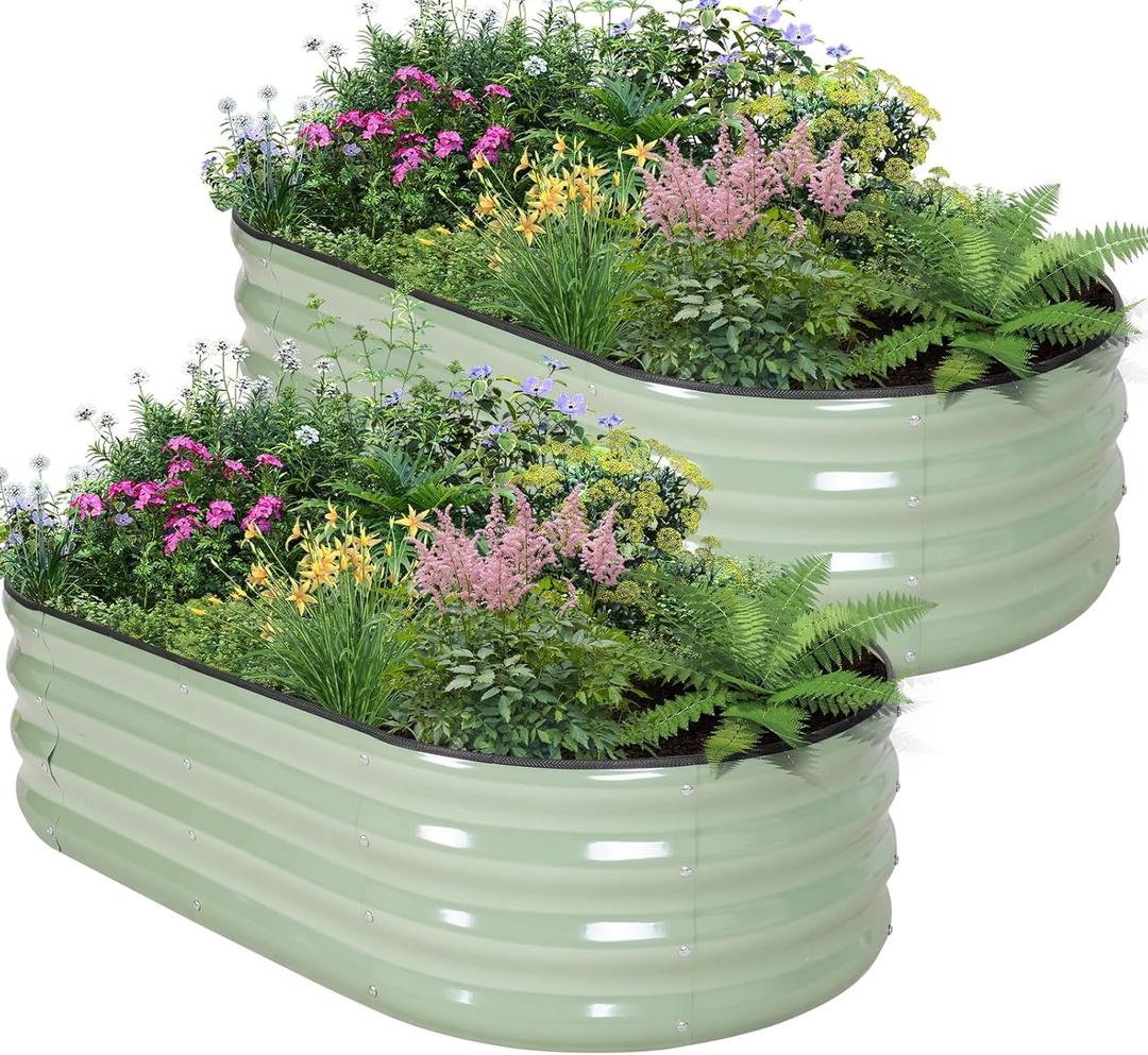Galvanized Raised Garden Bed - 421ft (2 Packs) Planter Raised Beds for Gardening | Oval Metal Garden Planter Box with Safety Edging and Gloves for Vegetables Fruits Flower - AvocadoGreen