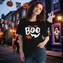Women Halloween Shirts Spooky Boo Pumpkin Face T-Shirt Trick or Treat Party Short Sleeve (Black, XL)
