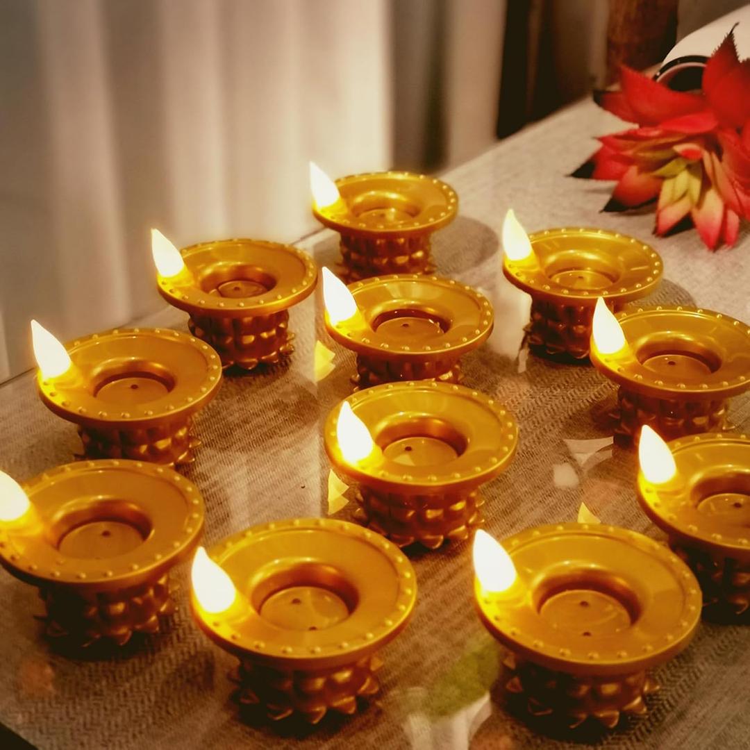 12 Pcs Diwali Diyas Lamp Decorations, Diwali Gold Led Water Sense Lights, Waterproof Flameless Lotus Tea Lights,Oil Lamps for Centerpieces Indian Temples Pooja Housewarming Return Gift