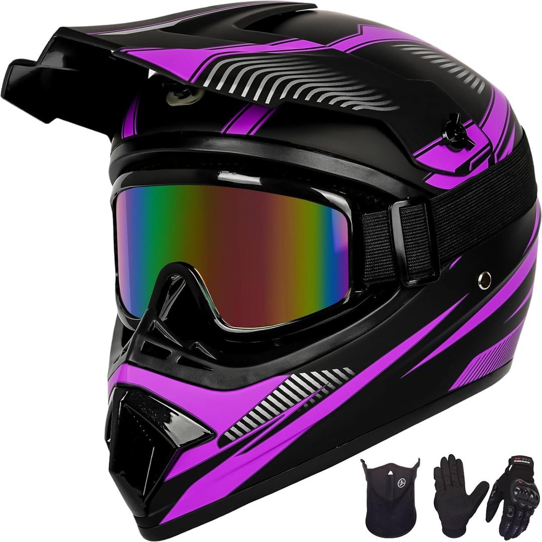 Youth Dirt Bike Helmet Set Includes Gloves, Goggles, Mask, Ideal Helmet for Kids 8-14, Premium Safety Gear for Dirt Bike Helmets Enthusiasts - DOT Approved (Purple, Small)