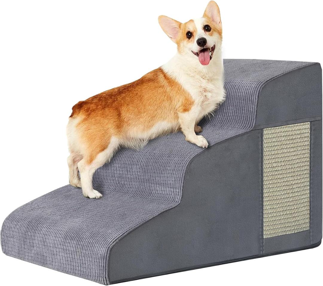 Pet Stairs, Dog Stairs for Small Dogs, Dogs Steps, 3Step Curved Dog Ramp for Bed, Couch, Sofa, Car and Chairs, NonSlip Bottom Design, Cat Scratching Board, High Density Foam Portable Pet Step, Grey 14.5×22in
