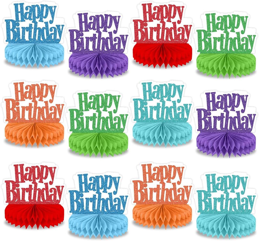 12Pcs Happy Birthday Centerpieces Colorful Birthday Party Decorations Glitter Happy Birthdays Table Honeycomb Centerpieces Decor Table Toppers Ornaments for Glitter Bday Themed Party Supplies Favors, Multicolor