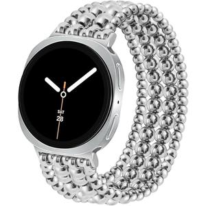 Dressy Beaded Bracelet Compatible with Samsung Galaxy Watch 8 Band 40mm 44mm/8 Classic 46 mm Women, Fashion Cute Strechy Stainless Steel Beads Strap for Galaxy Watch 8 (Silver)