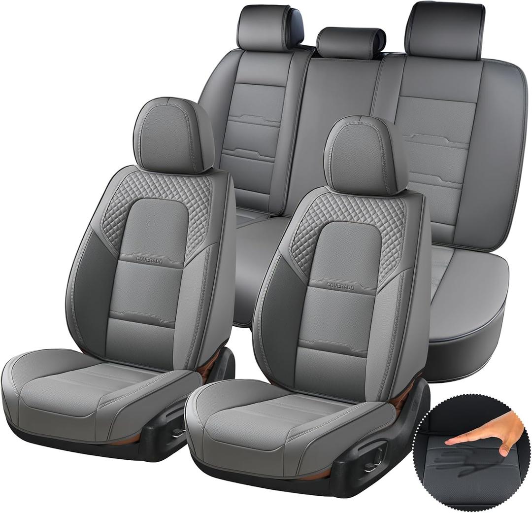 Coverado Car Seat Covers Full Set, 5 Piece Car Seat Protector with Removable Headrest, Nappa Leather Breathable Front Back Rear Seat Cushion Universal Fit for Truck Automotive Most of Cars Gray