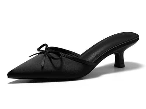Coutgo Womens Kitten Heels Mules with Bow Satin Slip on Pumps Closed Pointed Toe Dress Wedding Party Shoes, Black, Size 11