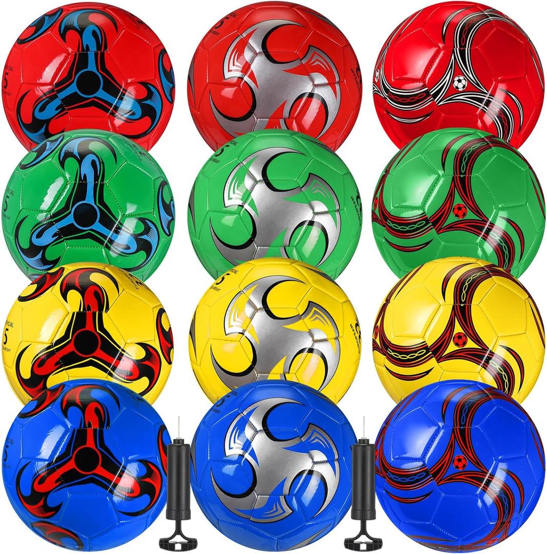 12 Pcs Soccer Balls for Teen Adult Bulk Deflated Soccer Ball with Pump Size 5 Indoor Outdoor Training Practice for School Sports Game Birthday Gifts Party Back to School (Vivid)