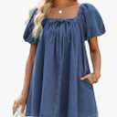 Denim Dress for Women, Puff Short Sleeve Jean Dress Square Neck Denim Romper with Pockets, S
