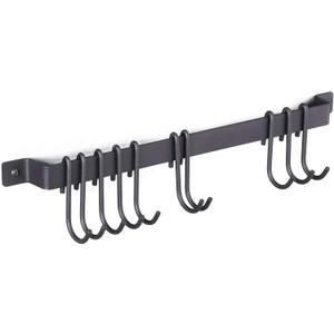 Wallniture Gourmet Kitchen Rail with 10 Hooks, Wall Mounted Wrought Iron Hanging Utensil Holder Rack with Black 17 Inch