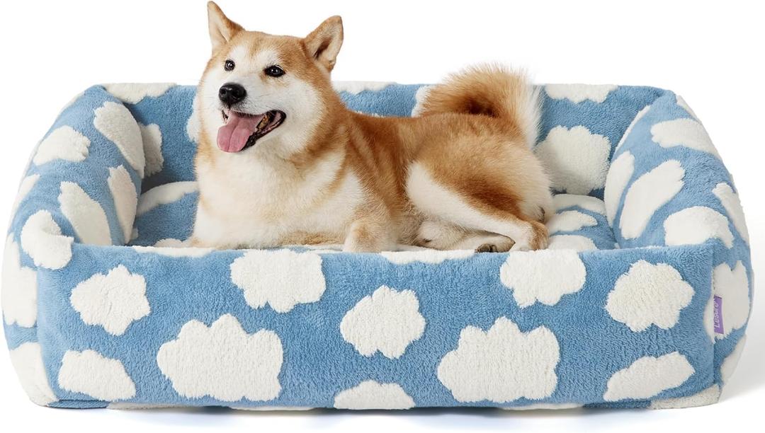 Lesure Cute Dog Bed for Large Dogs - Washable Pet Beds,Cozy Rectangle Orthopedic Sofa with Jacquard Shaggy Plush & Anti Slip Bottom,36x27x8inches (Cozy Clouds Blue)