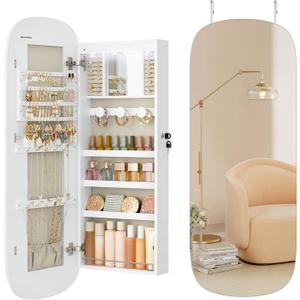 SONGMICS Jewelry Organizer, LED Jewelry Cabinet Wall/Door Mounted, Lockable Rounded Wide Mirror with Storage, Interior Mirror, 3.9 x 16.5 x 42.5 Inches, White Surface with Greige Lining