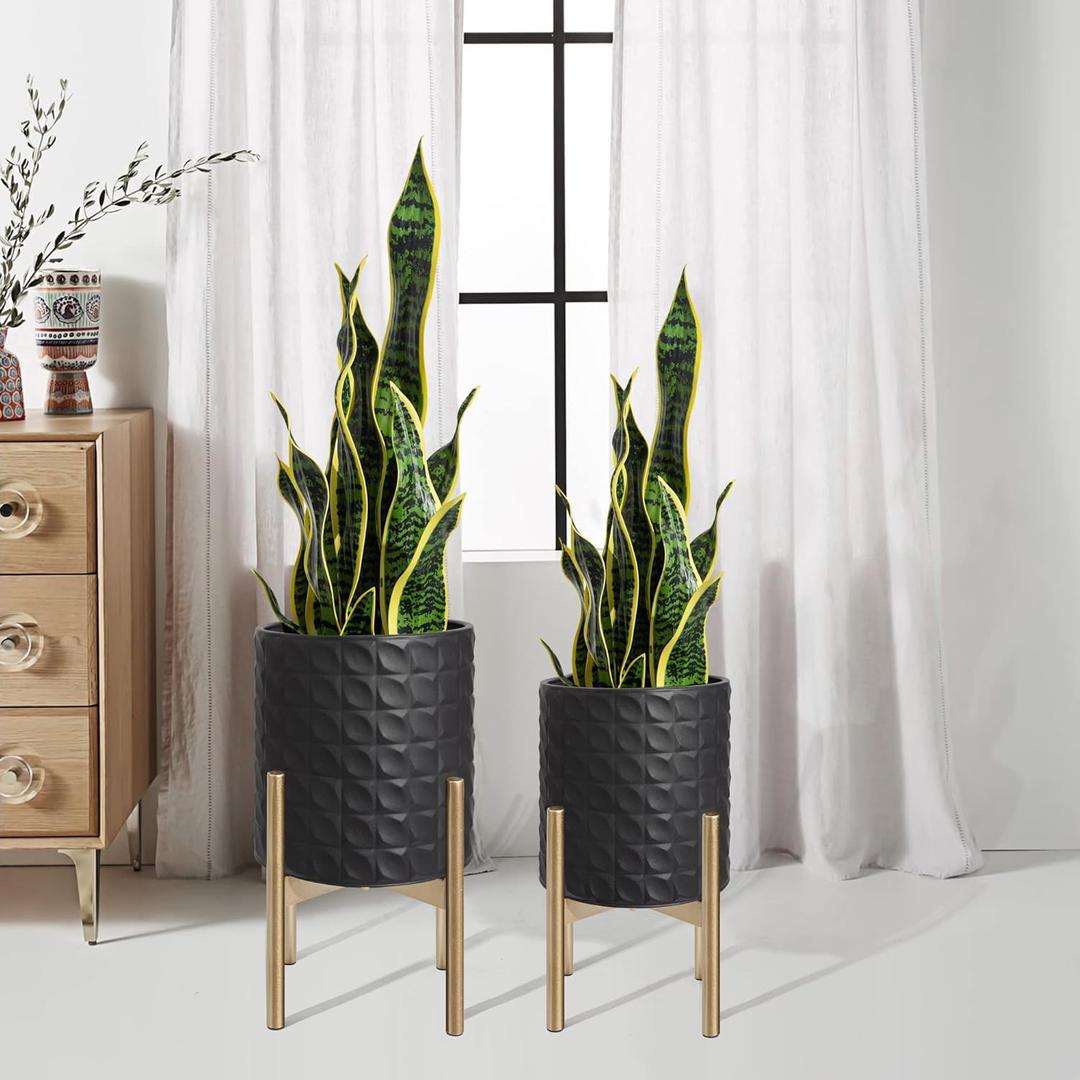 Oakrain Mid Century Planters for Indoor Plants, Set of 2, Modern Decorative Metal Planter Pots for Living Room, Office, Garden or Balcony, Black Planter with Stand, 8 inch & 10 inch (8inch+10inch, Black)