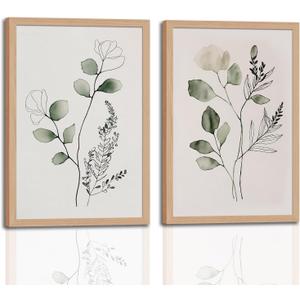2Pcs Framed Wall Art Minimalist Botanical Canvas Plant Wood High-Framed Design Flower Green Eucalyptus Leaf Artworks Prints Poster for Living Room Bathroom Bedroom 16x24in