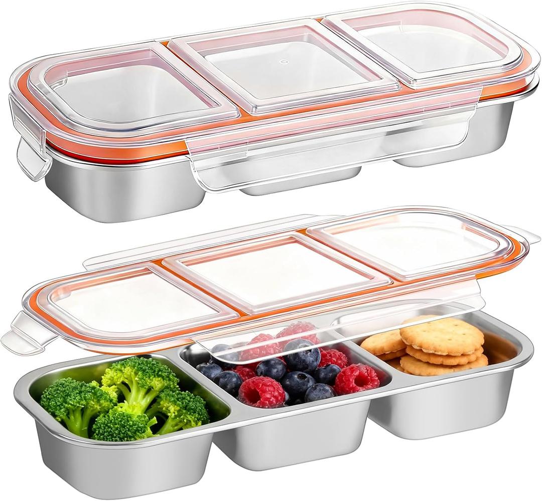 2 Pack 3 Compartment Stainless Steel Snack Containers, Leak Proof Metal Bento Lunch Box with Lid, Reusable Stainless Steel Lunch Meal Prep Containers for Work, Travel, Picnic