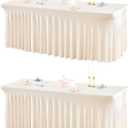 2 Packs Ivory Spandex Tablecloths for 6 Foot Rectangle Tables, Wrinkle Free 6ft Fitted Table Cover Stretch Table Cloth Desk Skirt for Weddings Baby Shower Birthday Party Banquet Decorations