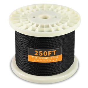 T316 Black 3/16 Stainless Steel Cable, 250ft Wire Rope 7x19 Strands Aircraft Cable 3700lbs Breaking Strength, Wire Cable Rop for Deck Railing, String Lights, Fence, Clothesline &Yard Zipline