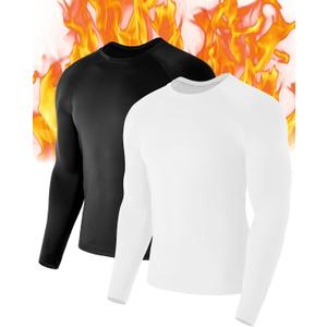 Mens Thermal Compression Shirts, Warm Long Sleeve Fleece Lined Tops Athletic Base Layer for Running Cold Weather (Large, Black+white)