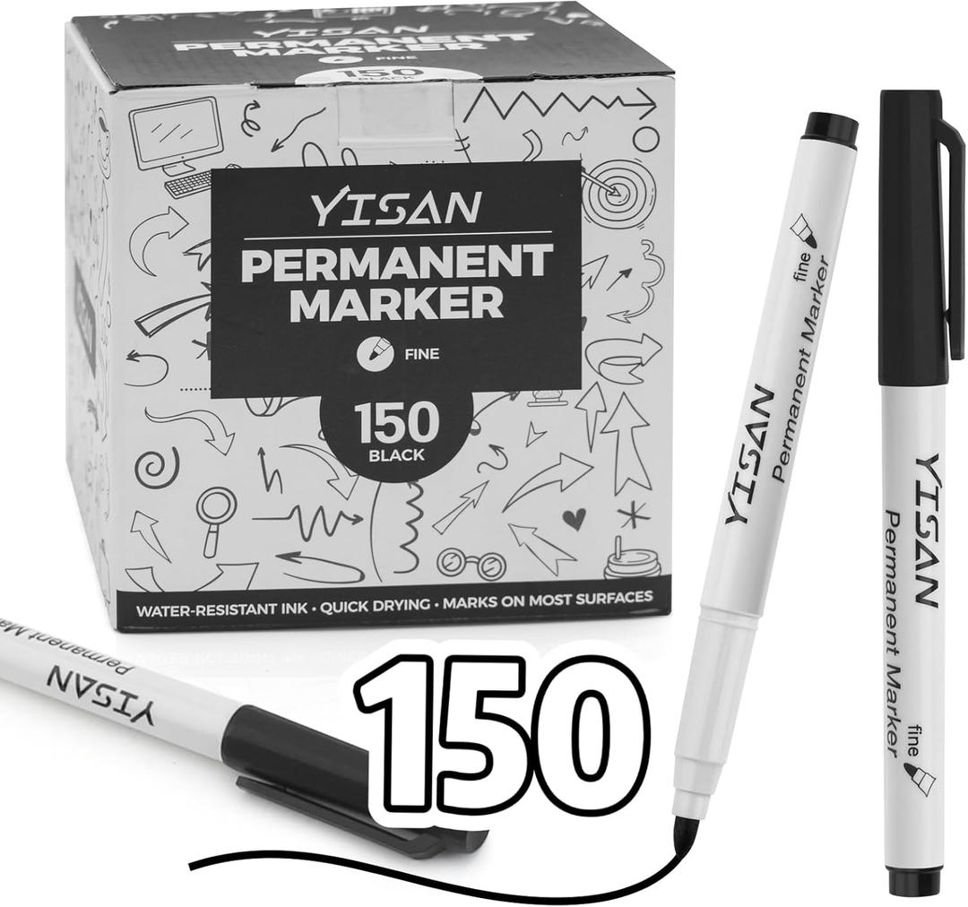 YISAN Permanent Markers Bulk,150 Pack Fine Tip Black Permanent Markers,Quick Drying Ink,Works on paper,Plastic,Stone,Glass,Metal,71518