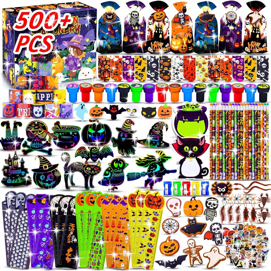 500 PCS Halloween Stationery Set, Party Favors for Kids Assorted Art and Craft Kit, Goodie Bag Stuffers Classroom Prizes Trick or Treat Fillers