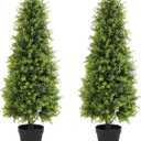 3ft Artificial Boxwood Topiary Trees, Set of 2 UV Resistant Faux Evergreen Shrubs and Bushes for Outdoor Planters, Realistic Fake Plants for Front Porch Outside Patio Yard, 3 Foot Tall