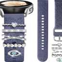 DaQin Flower Engraved Band Compatible with Samsung Galaxy Watch 7 Band/FE 6 5 4 40mm 44mm,Galaxy Active 2, 20mm Watch Band Soft Silicone Replacement Strap with Decorative Charms Accessories Women