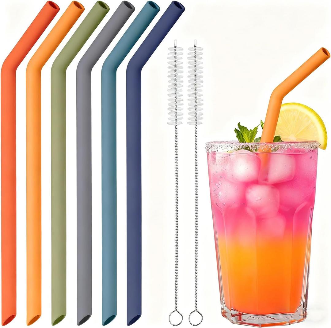 NiHome 6-Pack Wide Reusable Bent Silicone Straws for Smoothies, Milkshake & Juice, 0.425" Eco-Friendly Bent Straws for Thick Drinks, Child-Safe, Customizable Length, 2 Brushes (Deep Rainbow)