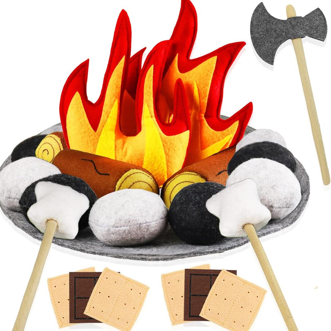 23 PCS Pretend Campfire Toys, Kids Plush Felt Play Campfire Playset Safe Fake Fire Wood Stones Toys Pretend Camping Play Set for Kids Toddlers Age 35