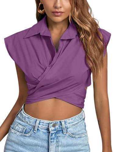 LYANER Women's Collar V Neck Wrap Front Cross Tie Back Cap Sleeve Crop Top Blouse.M